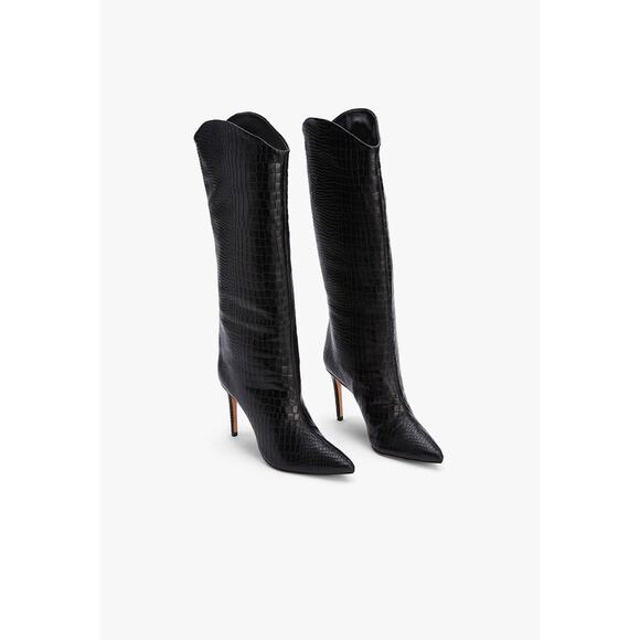 Schutz Maryana Croc-Embossed Leather Knee Boots 7B Black Pointed Toe Sleek - Picture 2 of 12